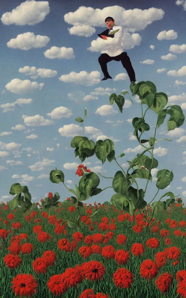 Image similar to black satan looking at you at distance in beautiful meadow of flowers, detailed painting by rene magritte