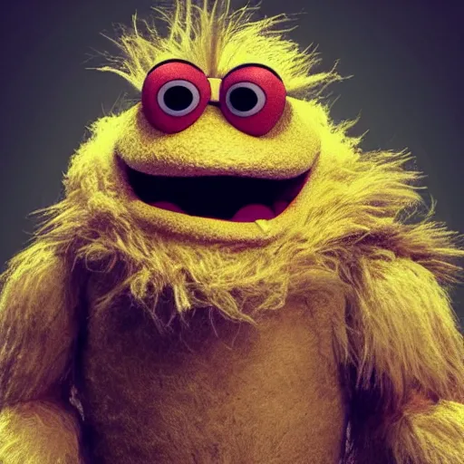 Image similar to a still of a forgotten muppet character looking very manly and modern, hilarious, laughing, hairy chest, huge chin, manly monster tough guy, roughled fur, photo real, photographic, photograph, artstation, trending, featured