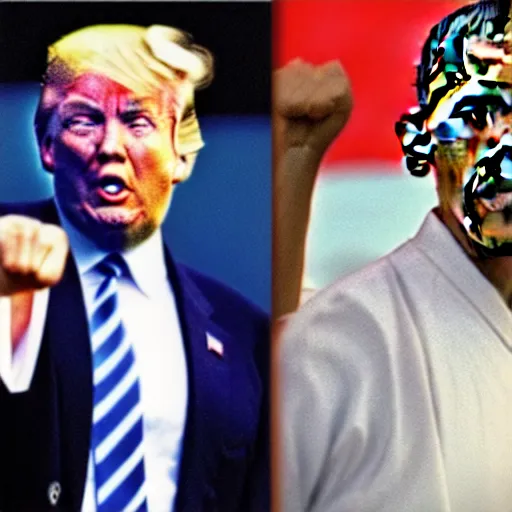 Image similar to Donald Trump versus Obama, kung fu fight, film still from the 36th Chamber of Shaolin