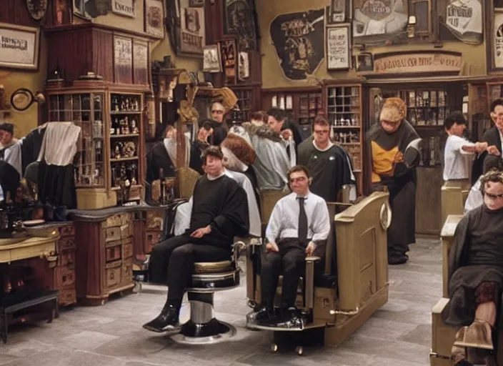 a film still of a crowded barber shop in harry potter Stable Diffusion