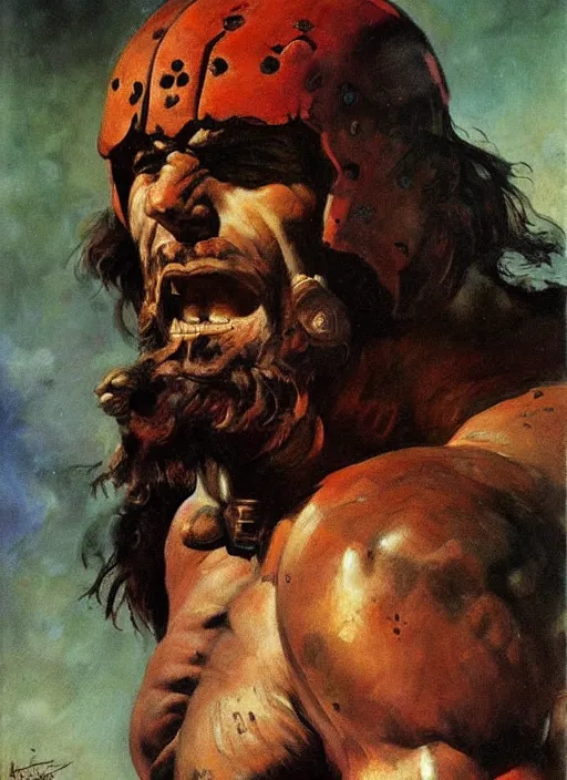Image similar to portrait of barbarian mars, coherent! by mariusz lewandowski, by frank frazetta, deep color, strong line, high contrast