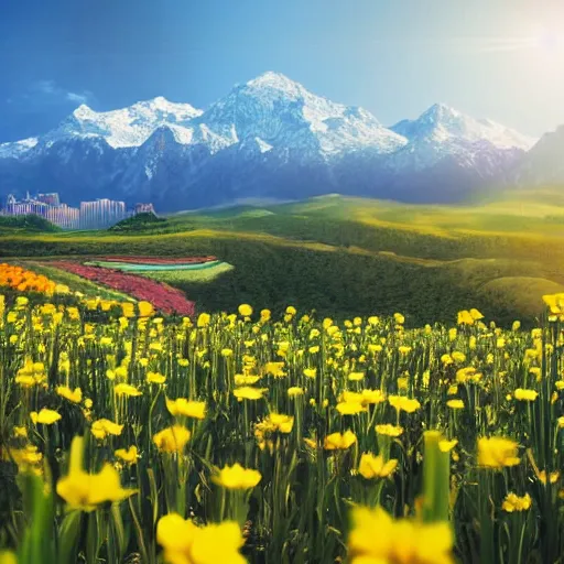 Prompt: metropolis with flower fields as foreground, with mountains as background, with sunny sky, cinematic