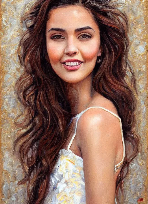 Image similar to beautiful portrait face centre oil on canvas of brunette with wavy hair, big mouth, smiling, Ebru Şahin, Reyyan, looks like Sabrina Ouazani , intricate, elegant, highly detailed, artstation, concept art, sharp focus, art by Alina Ivanchenko, Rob Ross, WLUP, artgerm