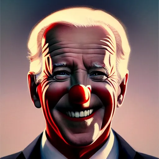 Image similar to symmetry portrait of joe biden as a clown, intricate, elegant, highly detailed, digital painting, artstation, concept art, smooth, sharp focus, illustration, art by artgerm and greg rutkowski and alphonse mucha