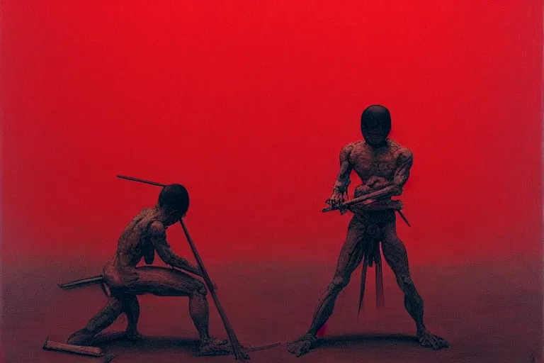 Image similar to only with red, a red samurai do seppuku, tokio, a lot of frogs watch, in the style of beksinski, parts by edward hopper, parts by rodcenko, parts by yue minjun, intricate and epic composition, red by caravaggio, insanely quality, highly detailed, masterpiece, red light, artstation, 4 k