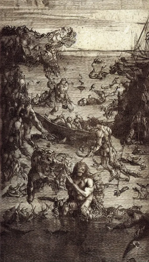 Prompt: man on boat crossing a body of water in hell with creatures in the water, sea of souls, by leonardo da vinci