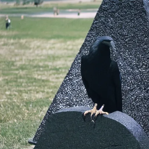 Image similar to a giant crow with a round body short legs and large black beak sitting in a black stone obelisk, high resolution film still, film by Jon Favreau