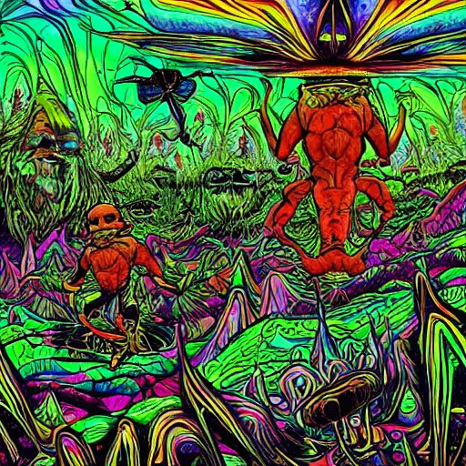 Image similar to Joe Rogan and Aliens tripping on psychedelic mushrooms, hyperdetailed, realistic, nature