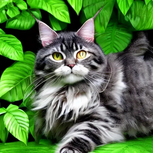 Prompt: a maincoon cat among big green leaves, hyper realistic, very detailed, - 6