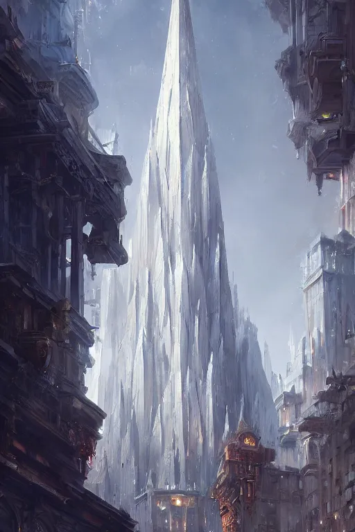 Image similar to street - level view of a magnificent white spire made of polished marble rising above a fantasy city, marc simonetti, anato finnstark, randy vargas, diego gisbert llorens, bayard wu, fantasy concept art, trending on artstation, 4 k, digital painting, beautiful