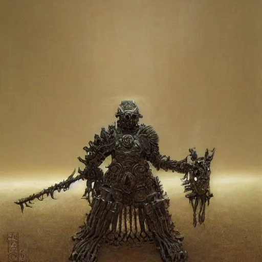 Image similar to armor made of bones, anthropomorphic shiba inu, stuning 3 d render, masterpiece, glowing black aura, foggy dark, by donato giancola and greg rutkowski and wayne barlow and zdzisław beksinski, realistic face