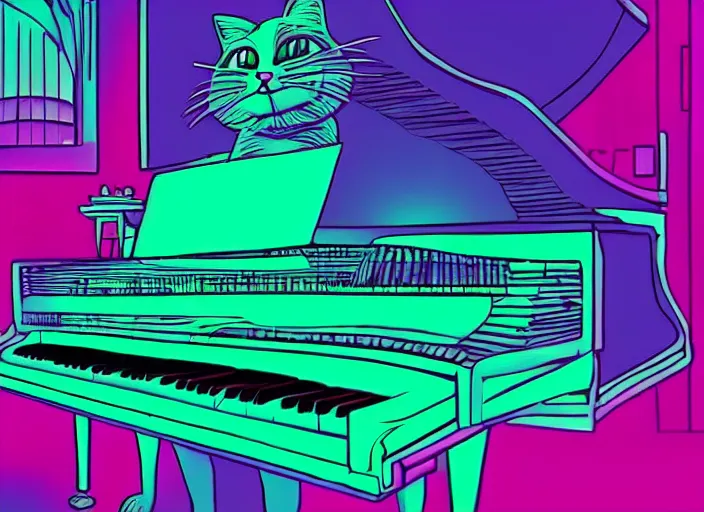 Image similar to cat [ playing a piano ], [ synthwave art style ]!!, trending on cgsociety, neon art style, [ bioluminescent colors ]!!, 4 k surrealism