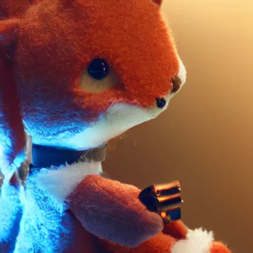 Image similar to a graceful long shot footage of a delicate toy fox wearing a fine cyberpunk dress