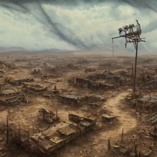 Image similar to highly detailed painting view from bird's eye postapo steampunk lively small but tall town in the middle of nowhere/wasteland endless empty desert in Mad Max style trending on Artstation, 4K, high quality