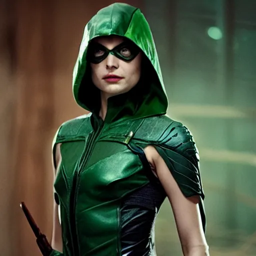 Image similar to film still of willa holland as green arrow in the 2 0 1 7 film justice league, minimal bodycon feminine costume, dramatic cinematic lighting, inspirational tone, suspenseful tone, promotional art