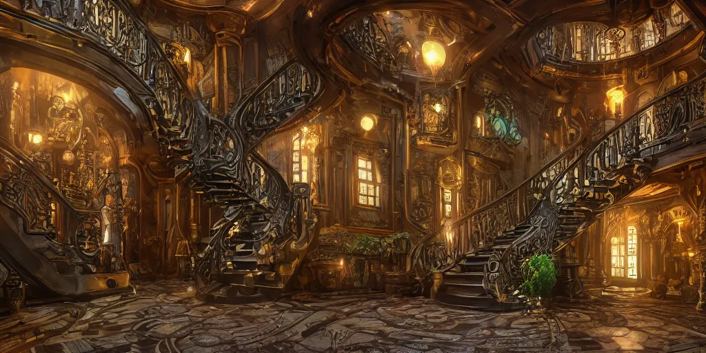 Image similar to steampunk mansion entrance interior, stairs, symmetric, fountain, colorful, contrast, depth of field, 3 d scene, render, greg rutkowski, zabrocki, karlkka, jayison devadas, trending on artstation, 8 k, ultra wide angle, zenith view, pincushion lens effect