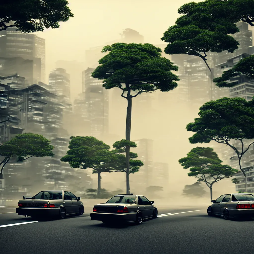 Image similar to car in center JZX100 twin turbo drift on a road, surrounded by trees and buildings in Tokyo prefecture, rooftops are Japanese architecture, city at sunset heavy mist over streetlights, cinematic lighting, photorealistic, detailed wheels, highly detailed, octane render