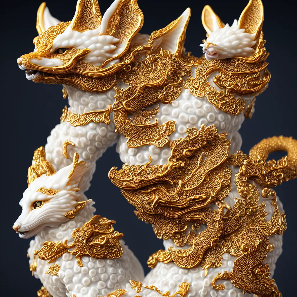 Prompt: a closeup photo - real delicate ceramic porcelain sculpture of an ornate detailed kitsune in front of an intricate background by davinci, micro detail, backlit lighting, subsurface scattering, translucent, thin porcelain, octane renderer, black and blue and gold jewelry, physically based rendering, trending on cgsociety