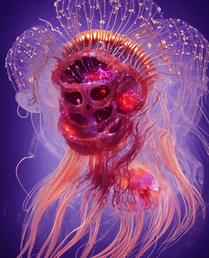 Image similar to close-up portrait of the face of a beautiful princess in a twisted flowers jellyfish mask in a spaceman suit surrounded by energy flow, epic angle and pose, symmetrical artwork, 3d with depth of field, blurred background, floating jellyfish skull phoenix bird, translucent, nautilus, energy flows of water and fire. a highly detailed epic cinematic concept art CG render. made in Maya, Blender and Photoshop, octane render, excellent composition, cinematic dystopian brutalist atmosphere, dynamic dramatic cinematic lighting, aesthetic, very inspirational, arthouse. y Greg Rutkowski, Ilya Kuvshinov, WLOP, Stanley Artgerm Lau, Ruan Jia and Fenghua Zhong