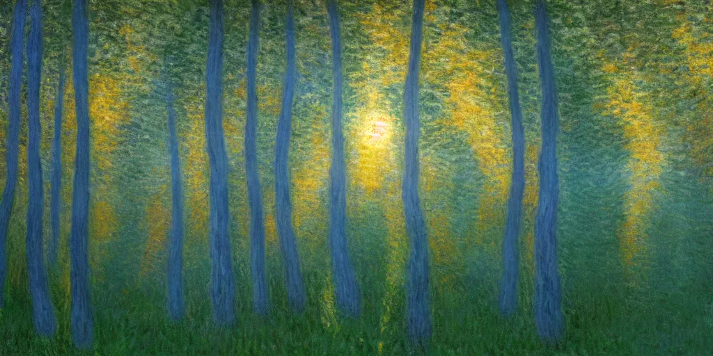 Image similar to An aesthetically pleasing fine art, dynamic, energetic, lively, well-designed digital art of trees inside a forest during sunset, light and shadow, caustics, by Claude Monet, superior quality, masterpiece, excellent use of negative space. 8K, superior detail.