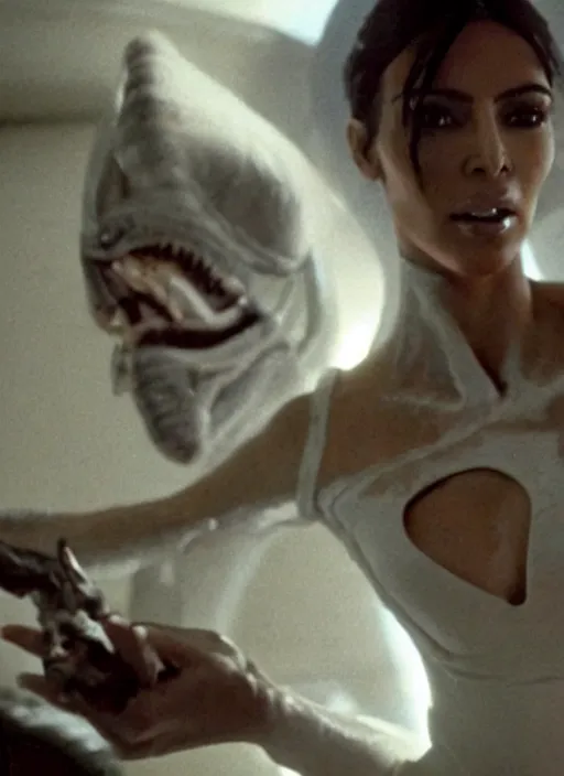 Prompt: movie still of kim kardashian wearing a alien face hugger mask, in the movie alien. cinematic shot.