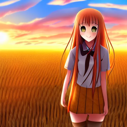 Prompt: Holo from Spice and Wolf standing in a wheat field at sunset, Holo is a wolf girl, high detail, trending on pixiv