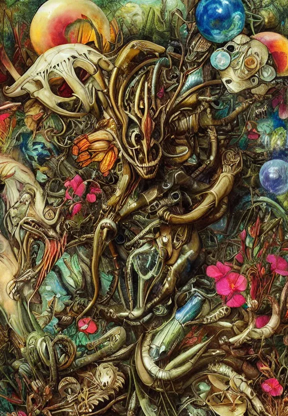 Prompt: simplicity, elegant, colorful muscular animal, botany, orchids, radiating, mandala, psychedelic, garden environment, wolf skulls, by h. r. giger and esao andrews and maria sibylla merian eugene delacroix, gustave dore, thomas moran, pop art, biomechanical xenomorph, art nouveau, cheerful, glass domes