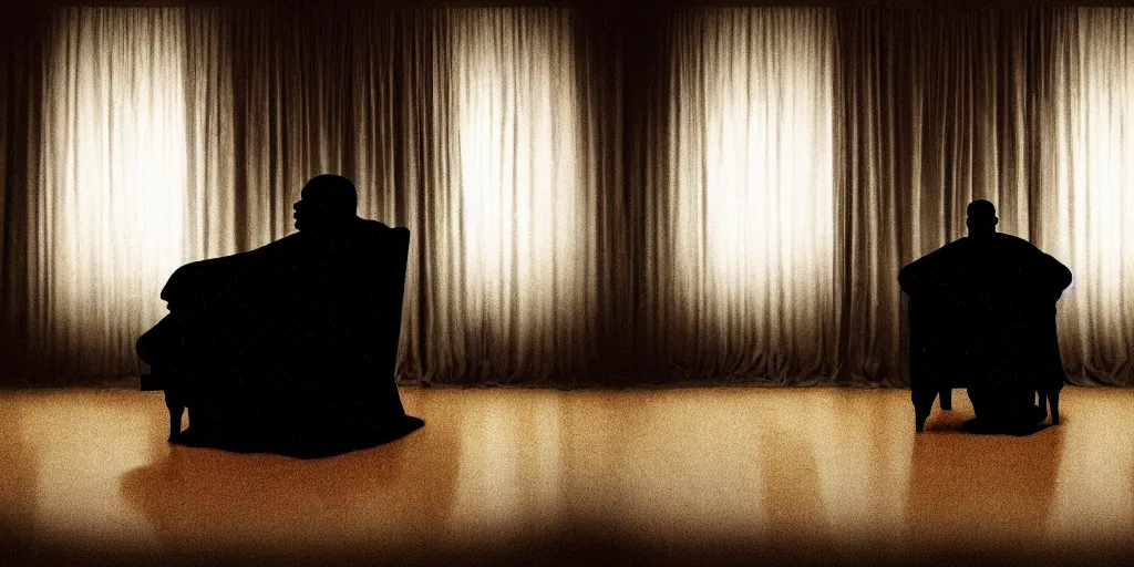 Prompt: photo style of frank miller, portrait of silhouette of big black man sitting on throne, hazy foggy background and floor made of big curtains