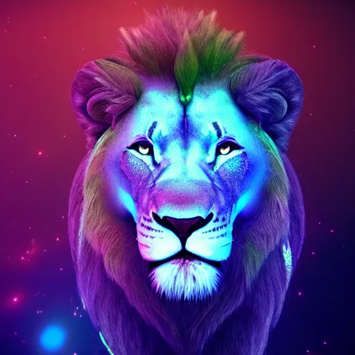 Image similar to astral transparant friendly lion, spirit animal, photorealistic, unreal engine 5, movement, dreams, DMT, dreamy, vapor wave, 80’s