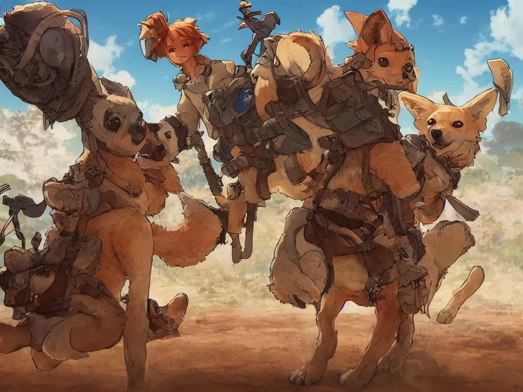 Image similar to stylized character concept art of the small cute dingo dog in the australia outback, hidari, color page, tankoban, 4 k, tone mapping, akihiko yoshida, clean bright happy adventure