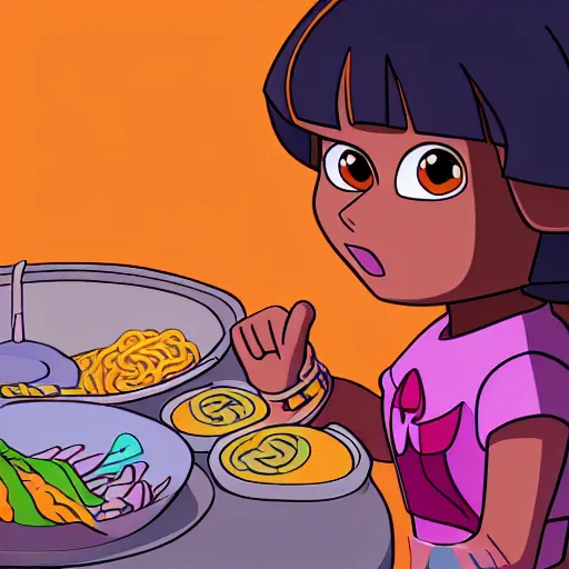 Image similar to Dora the explorer eating ramen noodles. cinematic, cartoon, detailed, under water, vegitation, psychedelic, dramatic lighting, trending on deviantart