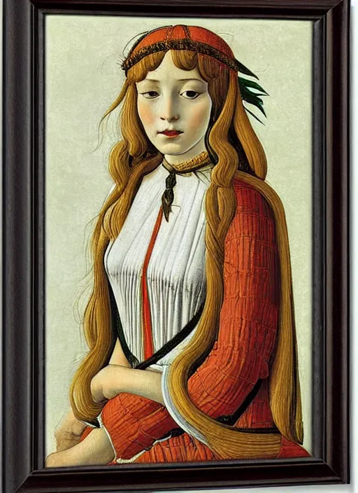 Image similar to portrait of young woman in renaissance dress and renaissance headdress, art by sandro botticelli