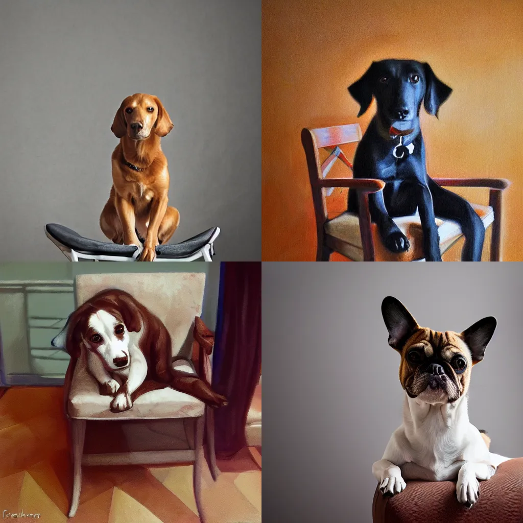 Prompt: dog sitting on chair by Martina Fačková