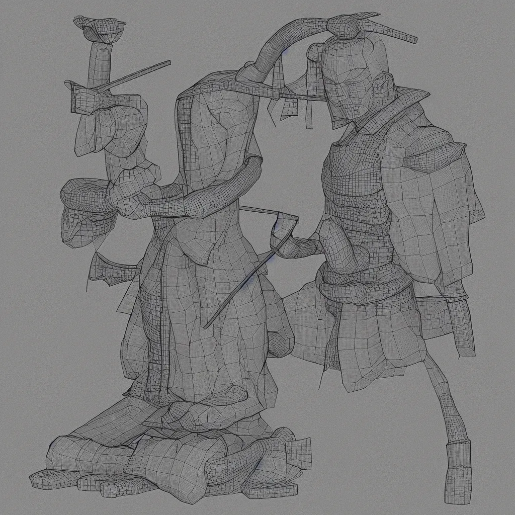 Prompt: 3 d model of a beautiful meditating samurai, comic art
