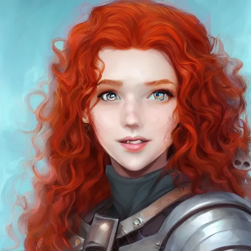 Image similar to a young woman with curly red hair, freckles, smart, portrait, shallan davar, blue eyes, smiling, thick hair, rpg, dnd, fantasy, artgerm style