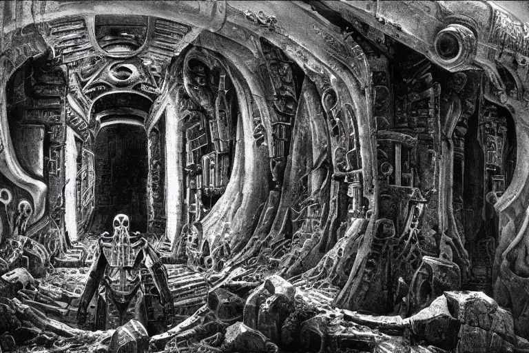 Prompt: opening a portal in the ruins of a familiar city, on mars, in the 4 0 th millenia, by hr giger