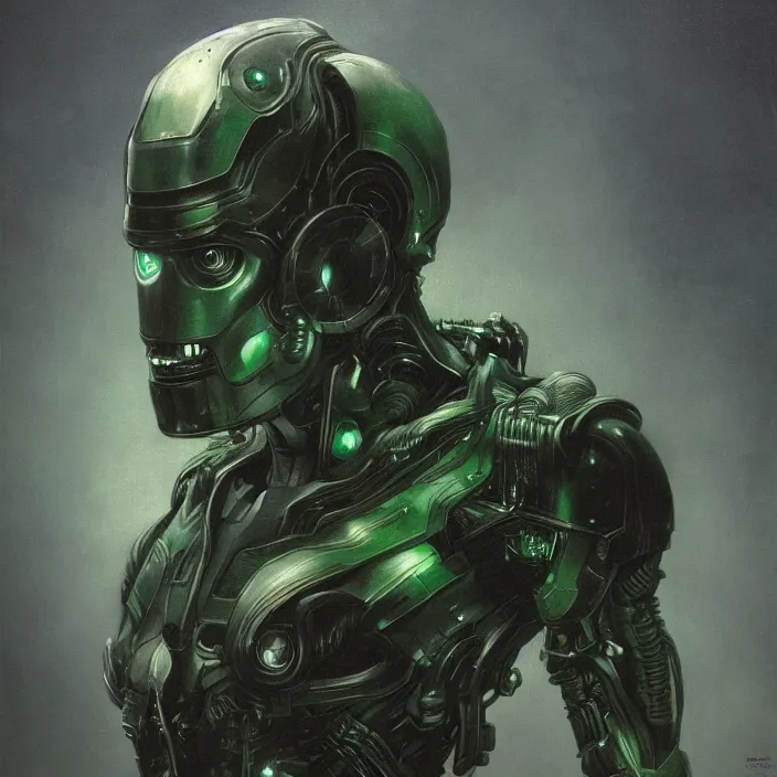 Image similar to portrait of a green Ultron from Age of Ultron, dieselpunk, head and chest only, by Beksinski, 4k, deviantart, trending on artstation