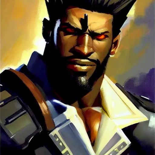 Image similar to Greg Manchess portrait painting of Barret Wallace from FFVII as Overwatch character, medium shot, asymmetrical, profile picture, Organic Painting, sunny day, Matte Painting, bold shapes, hard edges, street art, trending on artstation, by Huang Guangjian and Gil Elvgren and Sachin Teng
