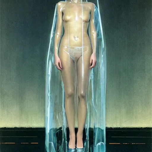 Prompt: epic wide angle masterpiece full body portrait a beautiful woman with pale, flawless skin, wearing a transparent plastic rain coat on the streets of Los Angeles at night in Bladerunner (1982), by Edgar Maxence and Ross Tran and Michael Whelan