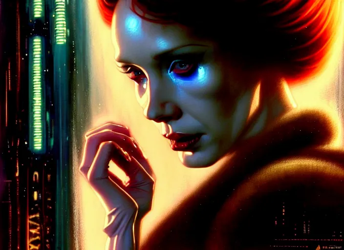 Image similar to film still of christina hendricks in bladerunner wearing a cyberpunk costume, frontal view, intricate, elegant, highly detailed, centered, digital painting, artstation, concept art, smooth, sharp focus, illustration, artgerm, tomasz alen kopera, peter mohrbacher, donato giancola, joseph christian leyendecker, wlop, boris vallejo