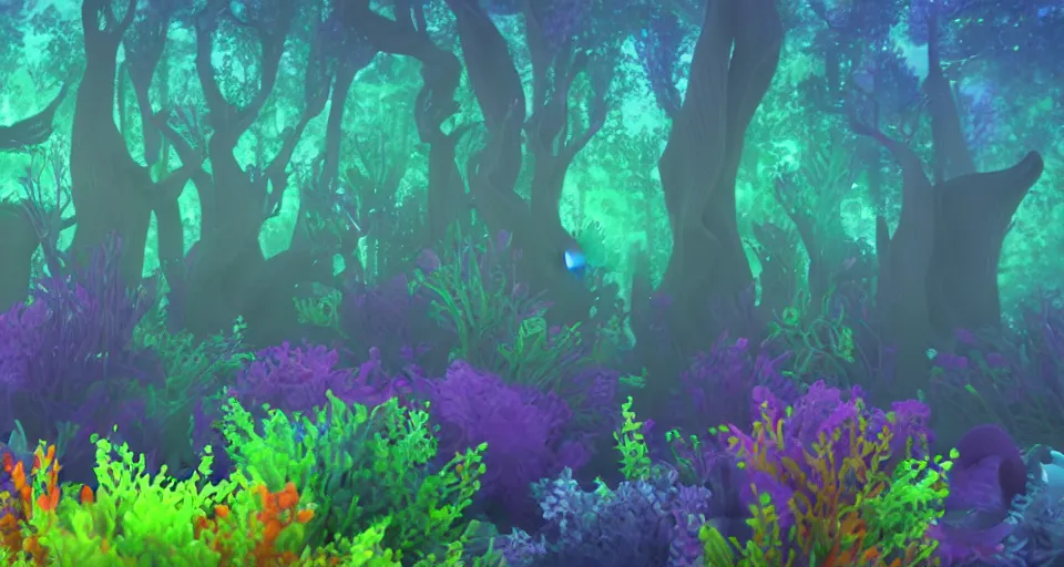 Prompt: 3d Render of colorful deep sea forest, grainy, noisy