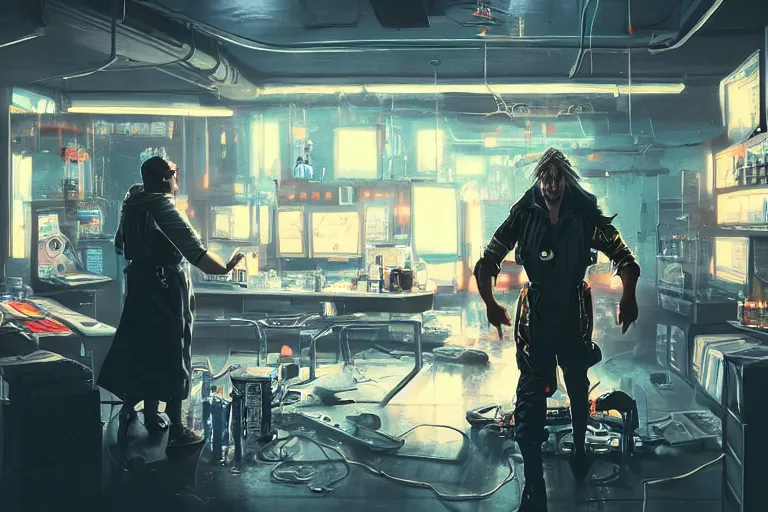 Image similar to cinematic cyberpunk mage in his lab by Michael Bay