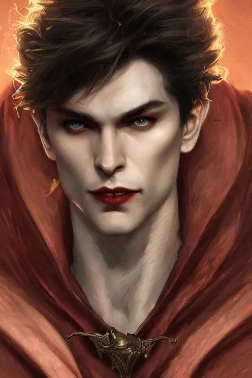 Image similar to up close portrait of a beautiful male vampire, d & d, face, fantasy, intricate, elegant, highly detailed, digital painting, artstation, concept art, smooth, sharp focus, illustration, art by artgerm and greg rutkowski and alphonse mucha