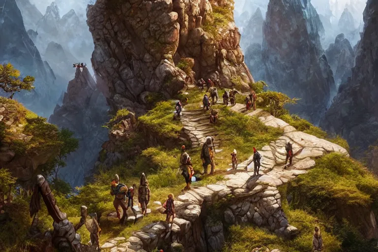 Prompt: diverse d & d party of 4 adventurers hiking across a beautiful mountain range, intricate, highly detailed, digital painting, artstation, concept art, smooth, sharp focus, illustration, unreal engine 5, 8 k, art by darek zabrocki and raphael lacoste and noah bradley