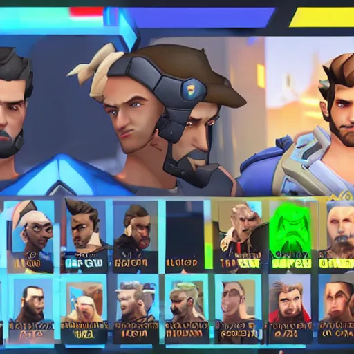 Prompt: Screenshot of Gigachad as an Overwatch hero, character selection screen