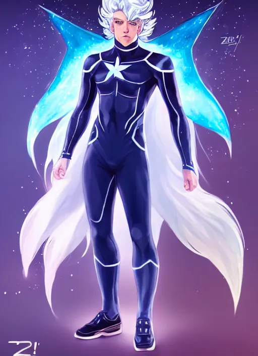 Prompt: full body portrait of quicksilver as a magical star guardian. detailed face, concept art, intricate, highly detailed 8 k, smooth, sharp focus, beautiful and aesthetic shape of face and body, artgerm, artstation, art by zexi guo and nira and junpei suzuki and gharliera and rinotuna