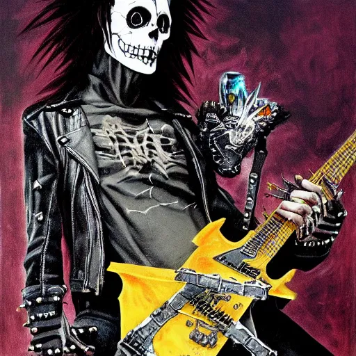 Prompt: a portrait of the grim reaper as a punk rocker playing an electric guitar, punk, skeleton face, mohawk, dark, fantasy, leather jackets, spiked collars, spiked wristbands, piercings, boots, ultrafine detailed painting by frank frazetta and vito acconci and michael whelan and takeshi obata, death note style, oil on canvas, symetric body