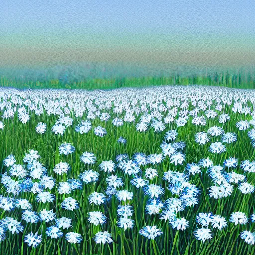 Prompt: field of light blue and white daisies, matte painting