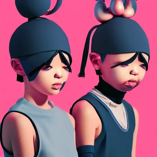 Image similar to bingo bango abstract headpiece on a set of twin ninja hypebeasts, by ilya kuvshinov and james jean and hiroya oku and gilleard james, artstation trending, 8 k, 3 d render, photorealistic, volumetric lighting caustics, pink