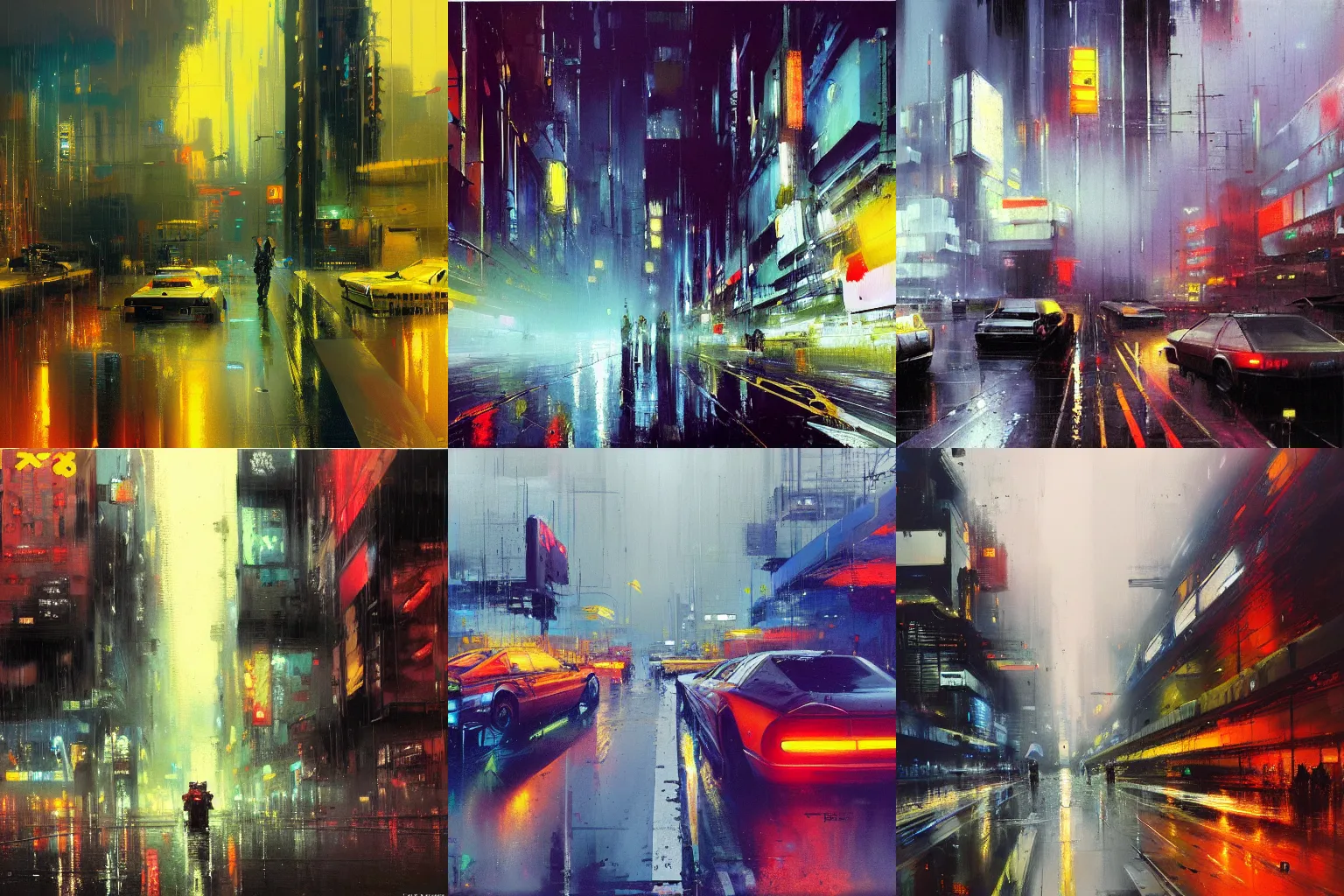 Prompt: painting of a rainy cyberpunk cify, fog, wide angle, by John Berkey, trending on art station